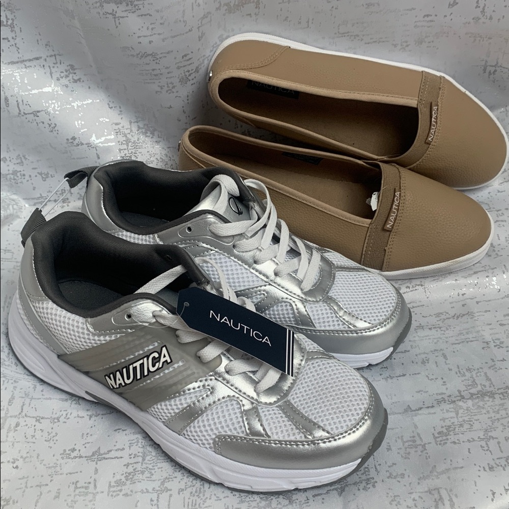 Nautica White & Silver Sneakers and Tan Slip-On Flats Duo